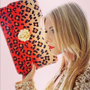 Custom Leopard-Print Fabric Clutch with Lion Head